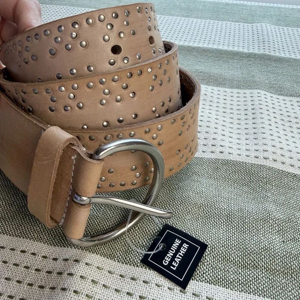 Women’s Tan Brown Leather Belt Silver Buckle & Studs NEW Size L